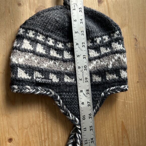Everest Designs Ear Flap Hat Charcoal/Brown Wool Fleece-Lined Beanie Hat Nepal - Picture 10 of 10